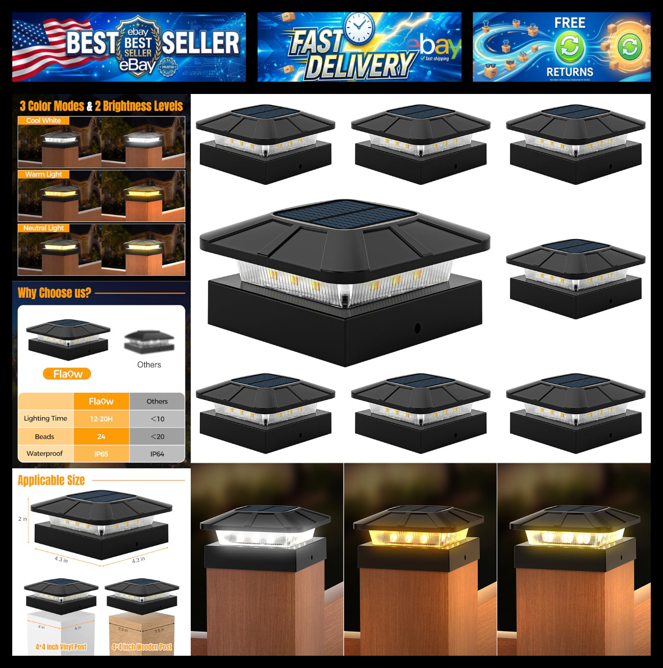 4x4 Solar Fence Post Cap Lights Outdoor Waterproof, 8 Pack, Black 4x4 Solar Fence Post Cap Lights Outdoor Waterproof, 8 Pack, Black