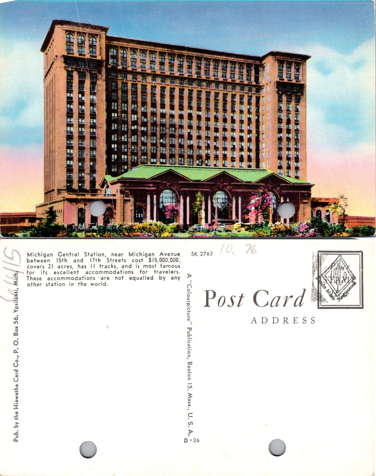 Michigan MI Central Station Michigan Ave. 15th & 17th St. Postcard 61415