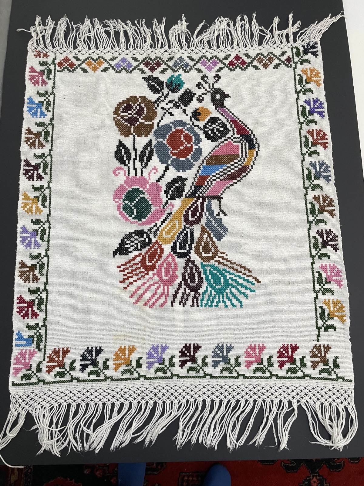 Vintage Hand Embroidered Peacock Bird Floral Folk Art Textile Fringe 31x36