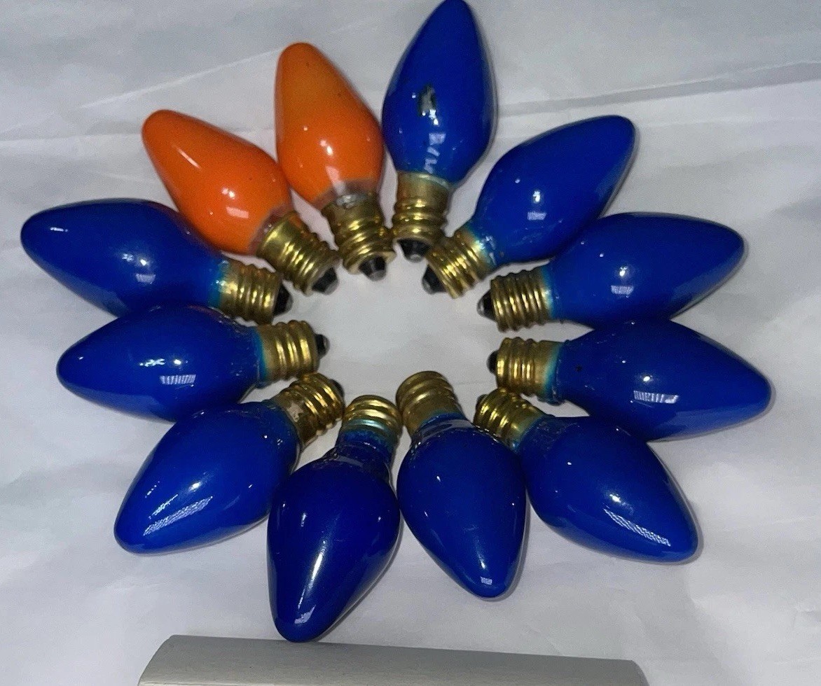 Lot of 12 Vintage C7 Christmas Light Bulbs Blue Orange Painted Mid Century Xmas