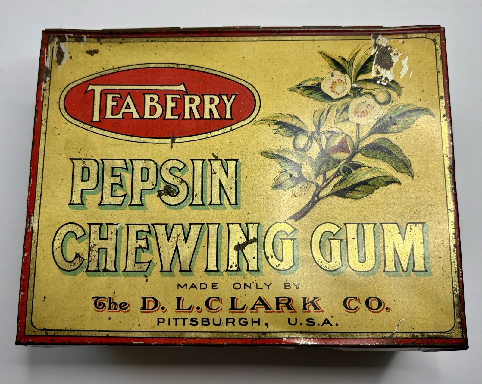 1906 DL Clark Teaberry Pepsin Gum Litho Tin Counter Store Display Box Vintage