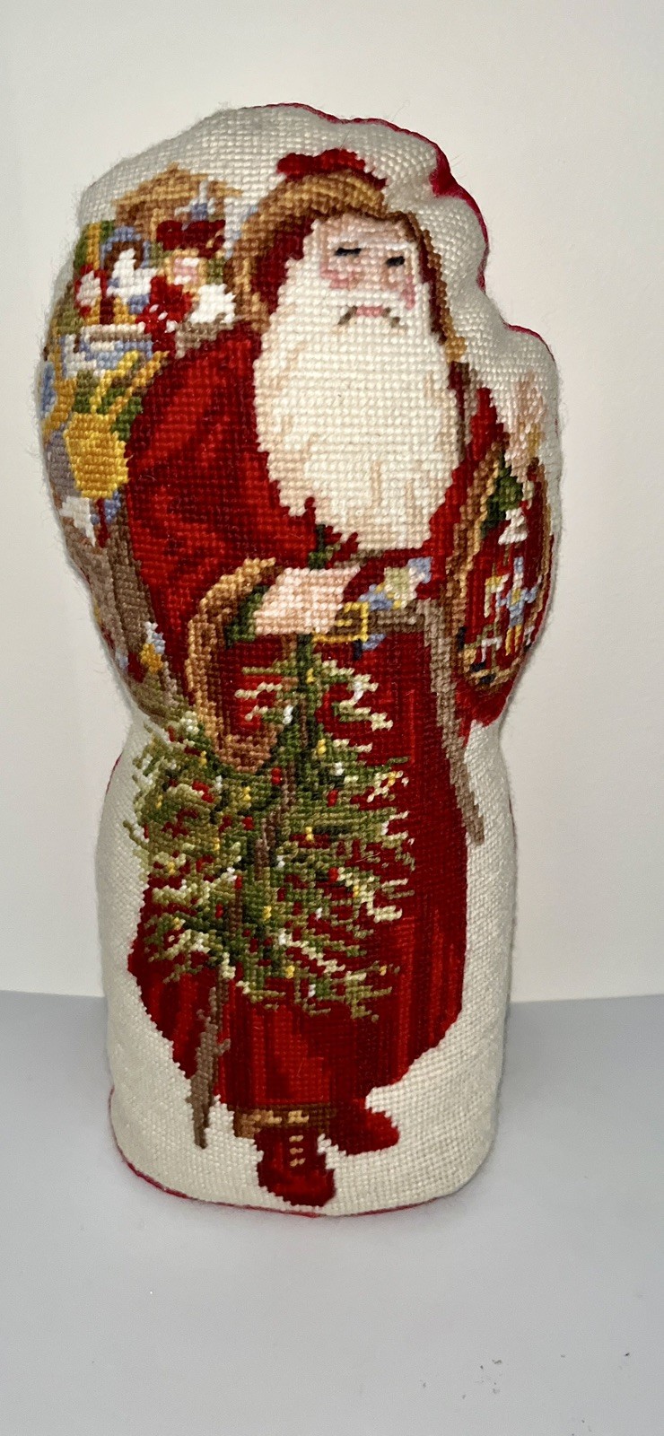 Vtg Christmas 15” Santa Shelf Sitter/Pillow/Door Stop Needlework Red Velvet 