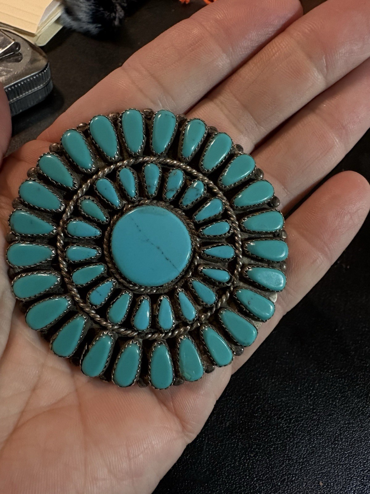 Possibly Larry Moses Begay Navajo Sterling Silver Turquoise Cluster Pin Brooch Possibly Larry Moses Begay Navajo Sterling Silver Turquoise Cluster Pin Brooch