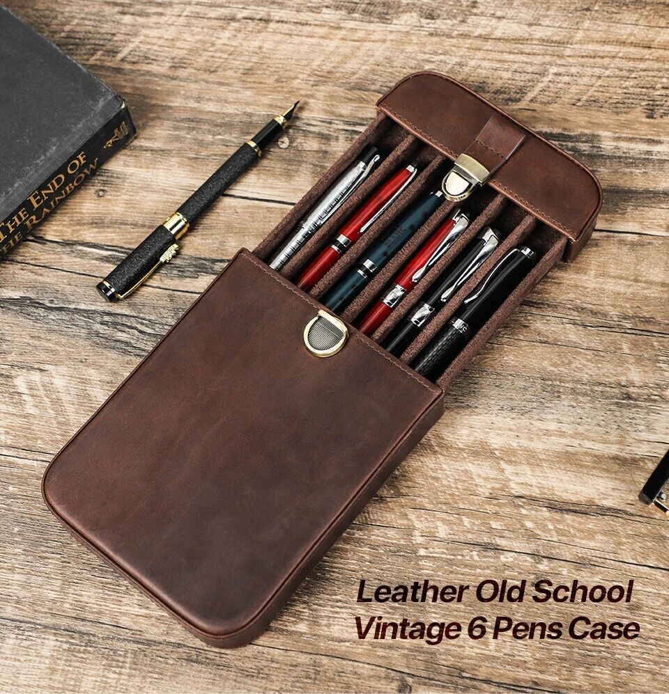 Genuine Leather 6 Slots Fountain Pen Case Tray Holder Storage Box Desk Organizer