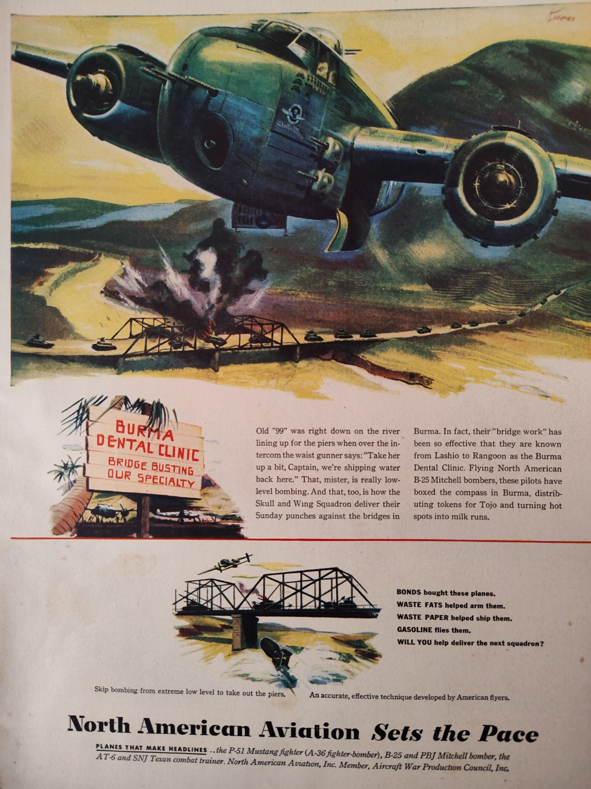 1945 LIFE Ads WWII North American Aviation Bridge Busting Bombers INTERNATIONAL