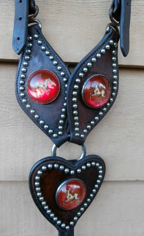 Old Antique Red Rosettes Studded Heart Center Horse Martingale