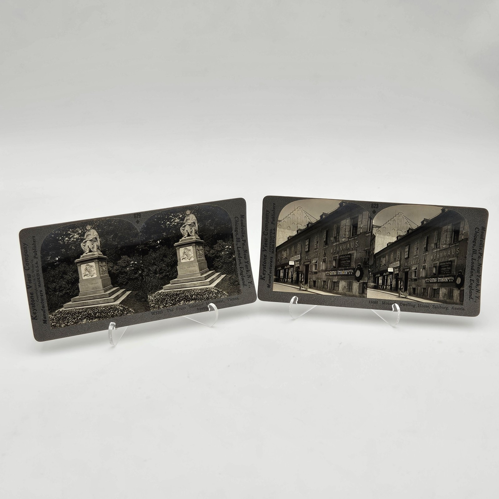 Austrian Composer Stereoview Lot Of 2: Mozart\'s House, Schubert Monument Austria