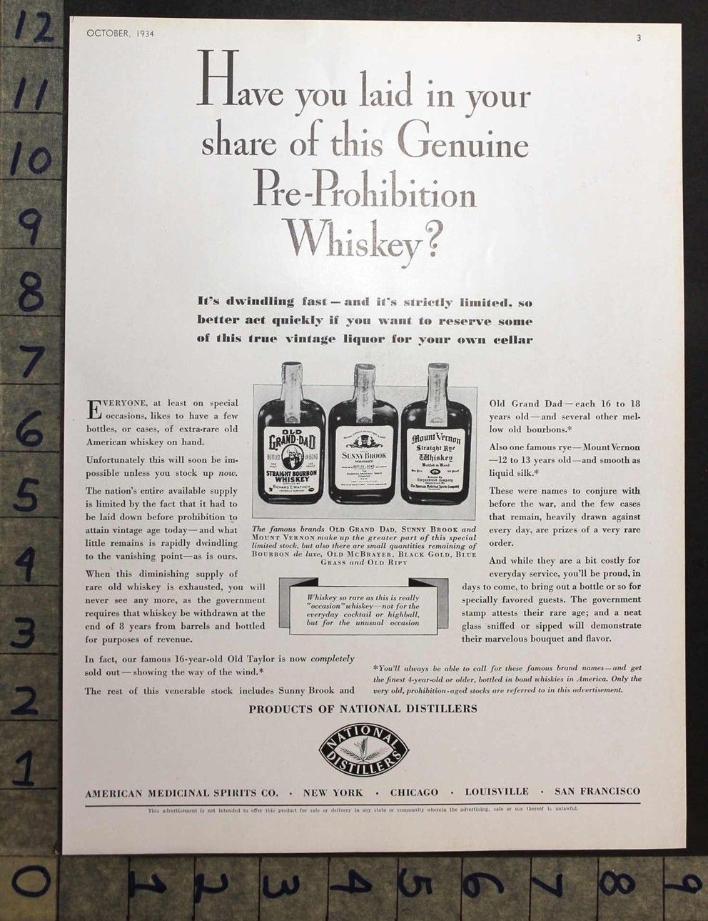 1934 PRE-PROHIBITION WHISKEY OLD GRAND-DAD SUNNYBROOK MOUNT VERNON AD FC15462