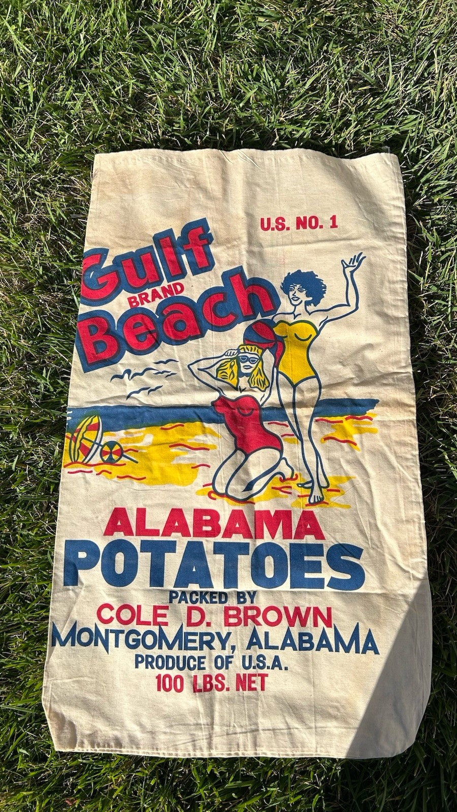 Large 100lb 20th Century Vintage Pin Up Beach Bunny Potato Alabama Feed Sack