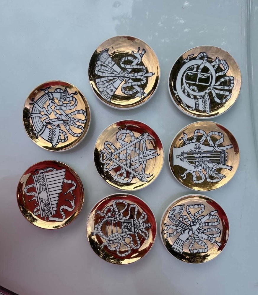 Vtg Fornasetti Milano Musicalia Porcelain Coasters Set of 8 Gold Gilt Italy MCM Vtg Fornasetti Milano Musicalia Porcelain Coasters Set of 8 Gold Gilt Italy MCM