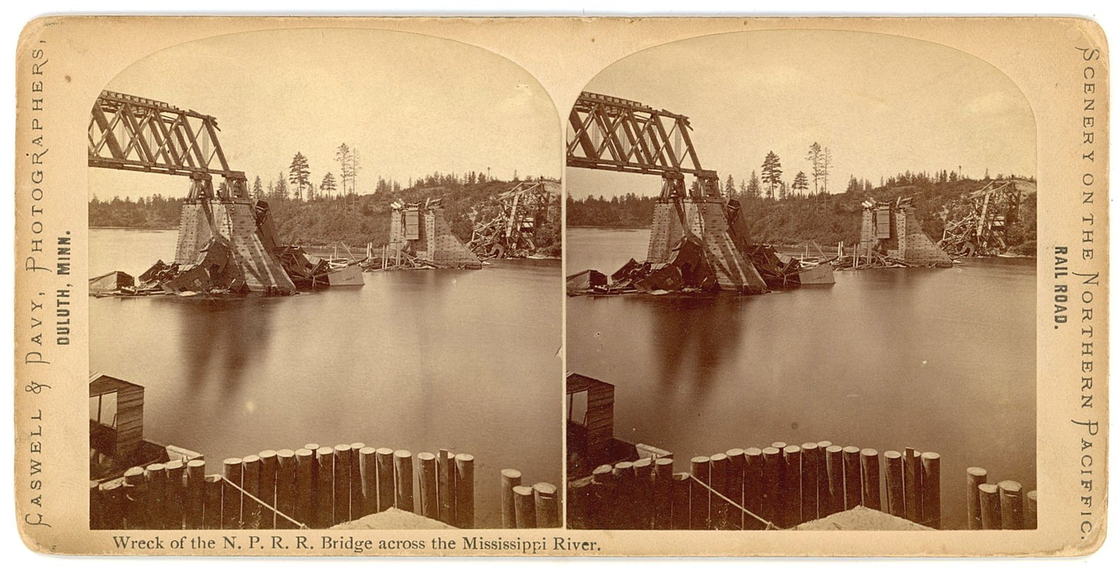 MINNESOTA STEREOVIEW - NPRR - Wrecked Railroad Bridge nr Duluth - Caswell & Davy