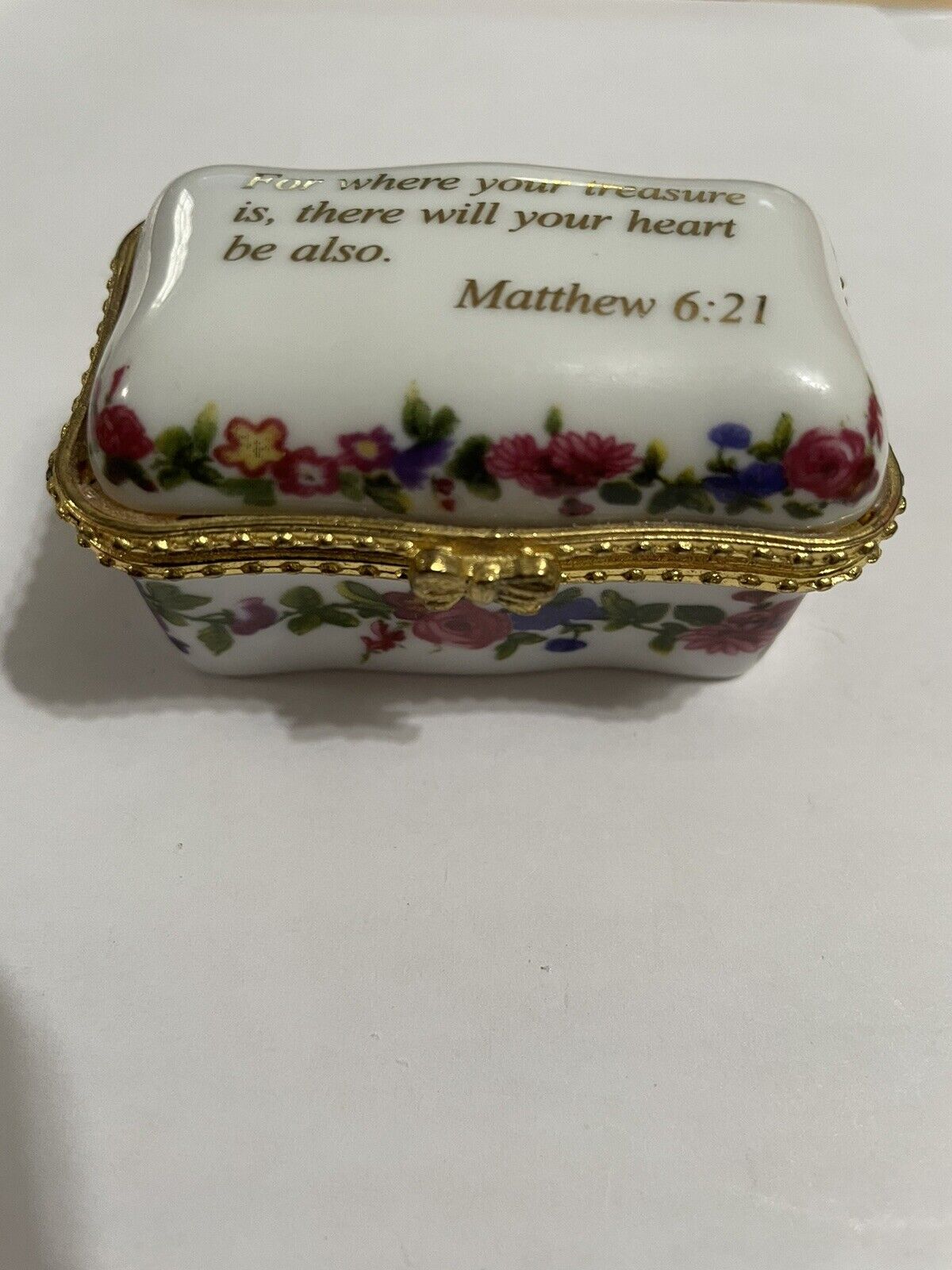 Imperial Porcelain Trinket Box Roses Rectangle Bible Verse Matthew 6:21