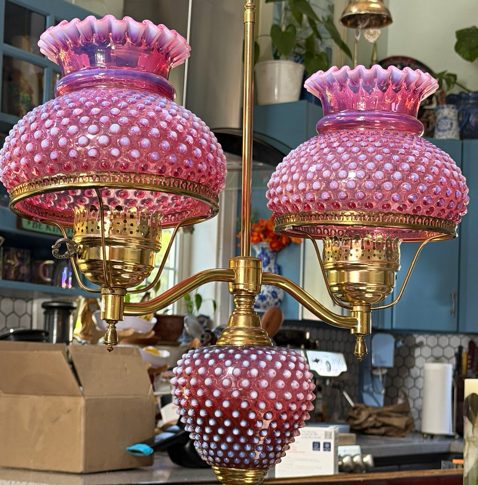 ULTRA RARE Vintage Fenton Cranberry Opalescent Hobnail Double Floor Lamp Brass ULTRA RARE Vintage Fenton Cranberry Opalescent Hobnail Double Floor Lamp Brass