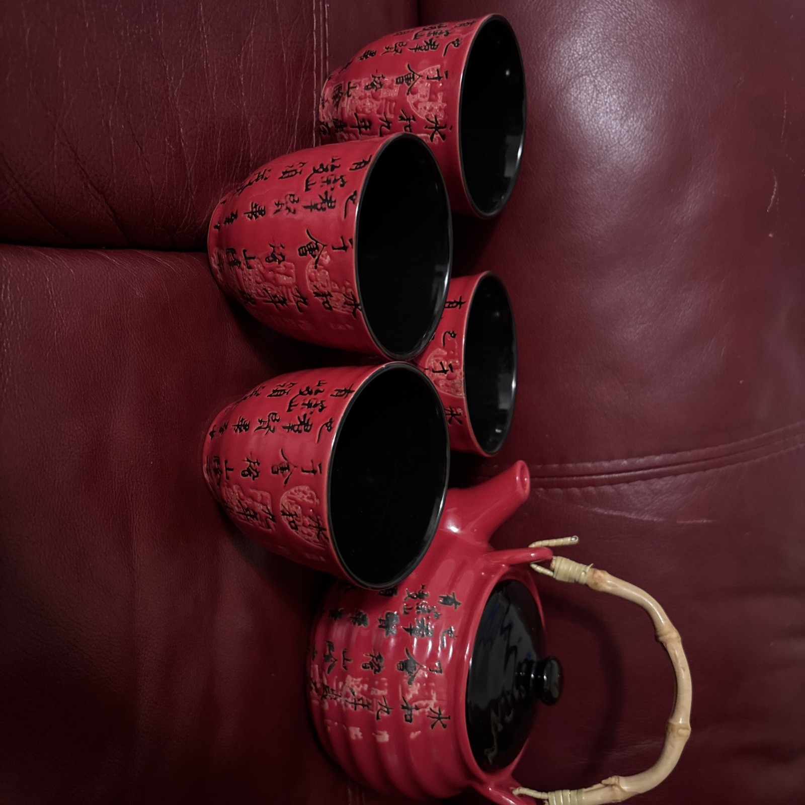 Ebros 27 oz Chinese Calligraphy Red Glazed Porcelain Teapot Set with Cups