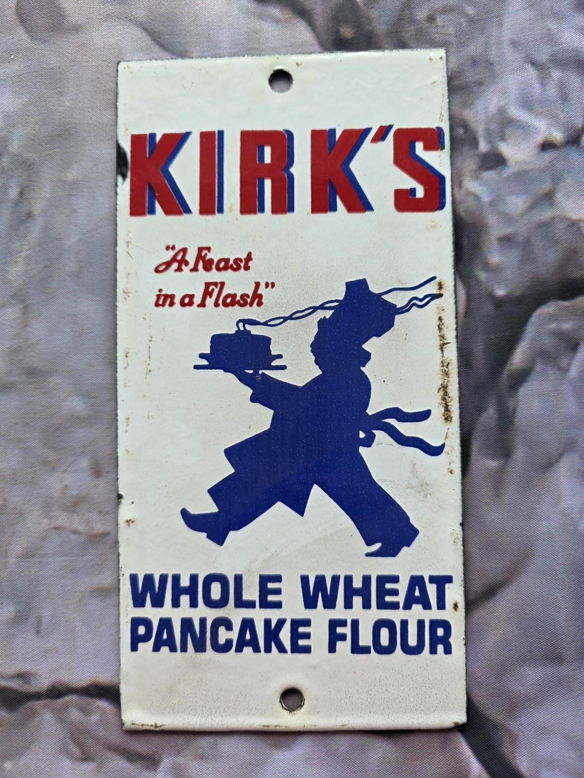 VINTAGE 1940\'S KIRK’S PANCAKE FLOUR WOODEN  DOOR  PUSH PORCELAIN SIGN   8\