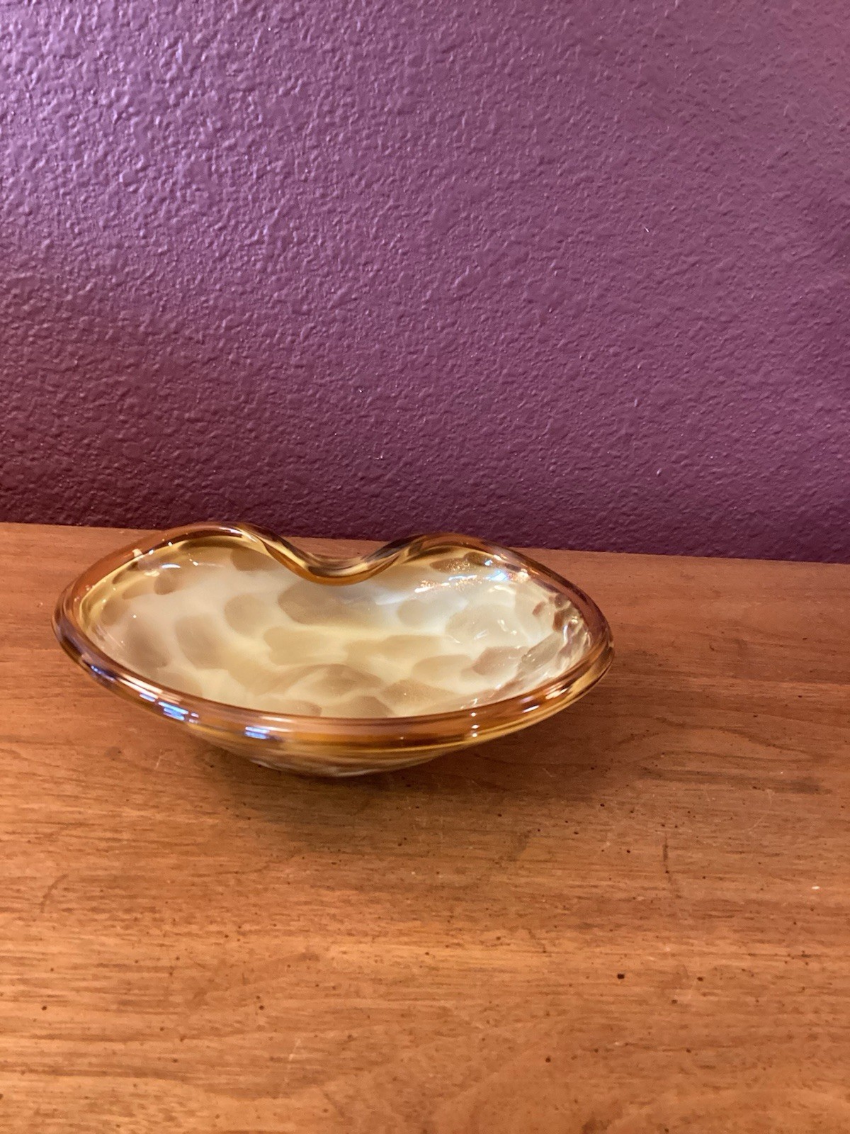Murano Alfredo Barbini Amber Beige Fold-Over Dish With Gold Aventurine Flecks Murano Alfredo Barbini Amber Beige Fold-Over Dish With Gold Aventurine Flecks