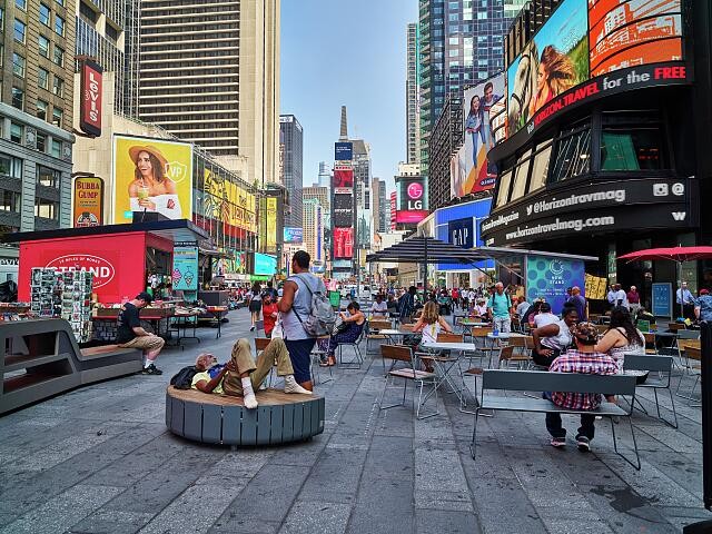 Times Square Manhattan New York City 2010s Outdoor Plaza Crowds Billboards