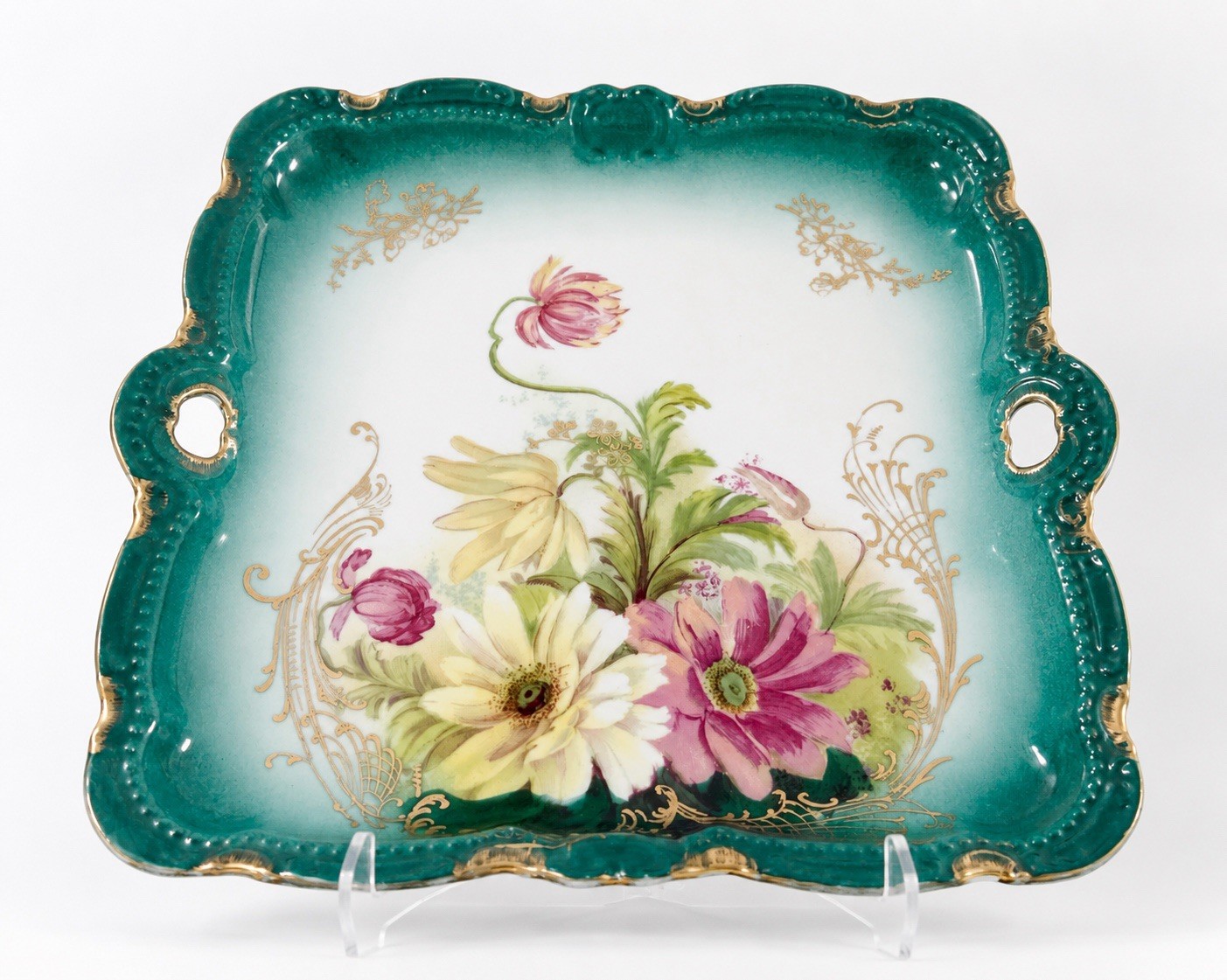Antique PM Bavaria Hand Painted Floral Porcelain Serving Tray Gold Gilt 8.5”