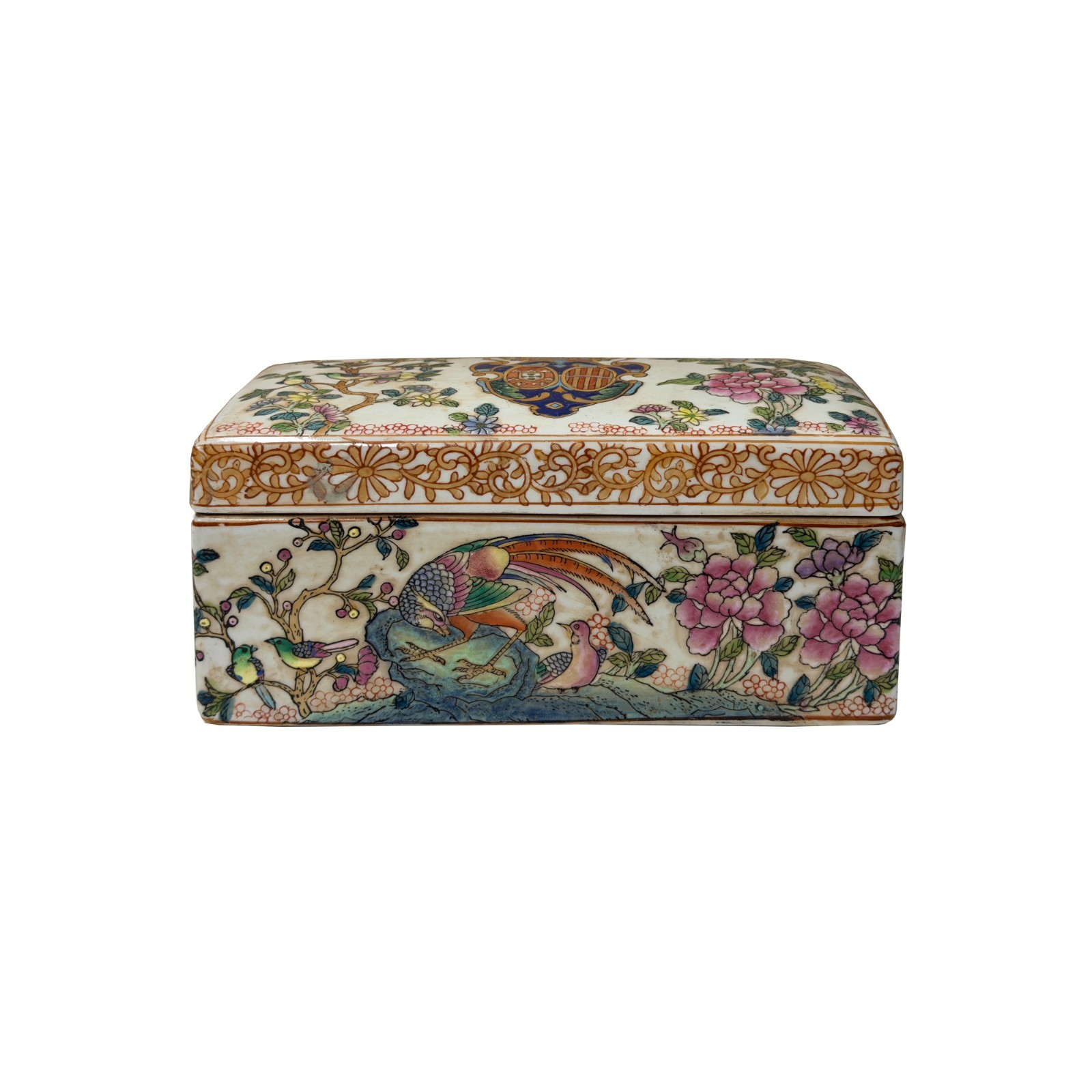Vintage Chinese Famiile Rose Enamel Graphic Rectangular Porcelain Box GB775