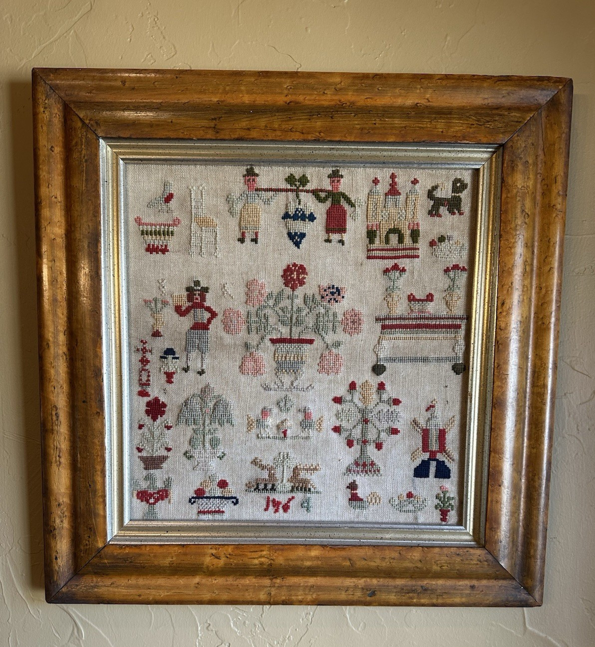 Antique Dutch Pictorial Needlework Sampler Bird's Eye Maple Frame Folk Art
