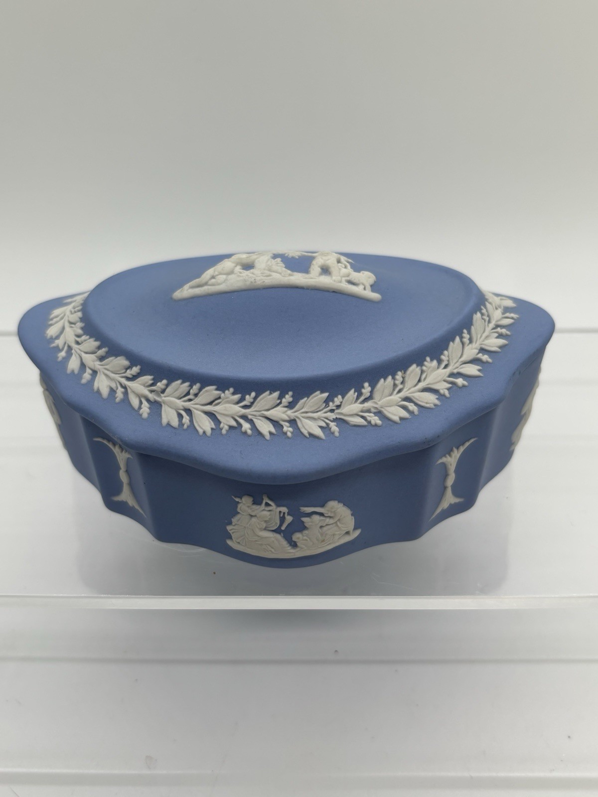 Vintage Wedgwood Jasperware Blue White Cherubs Oval Trinket Box Ceramic England