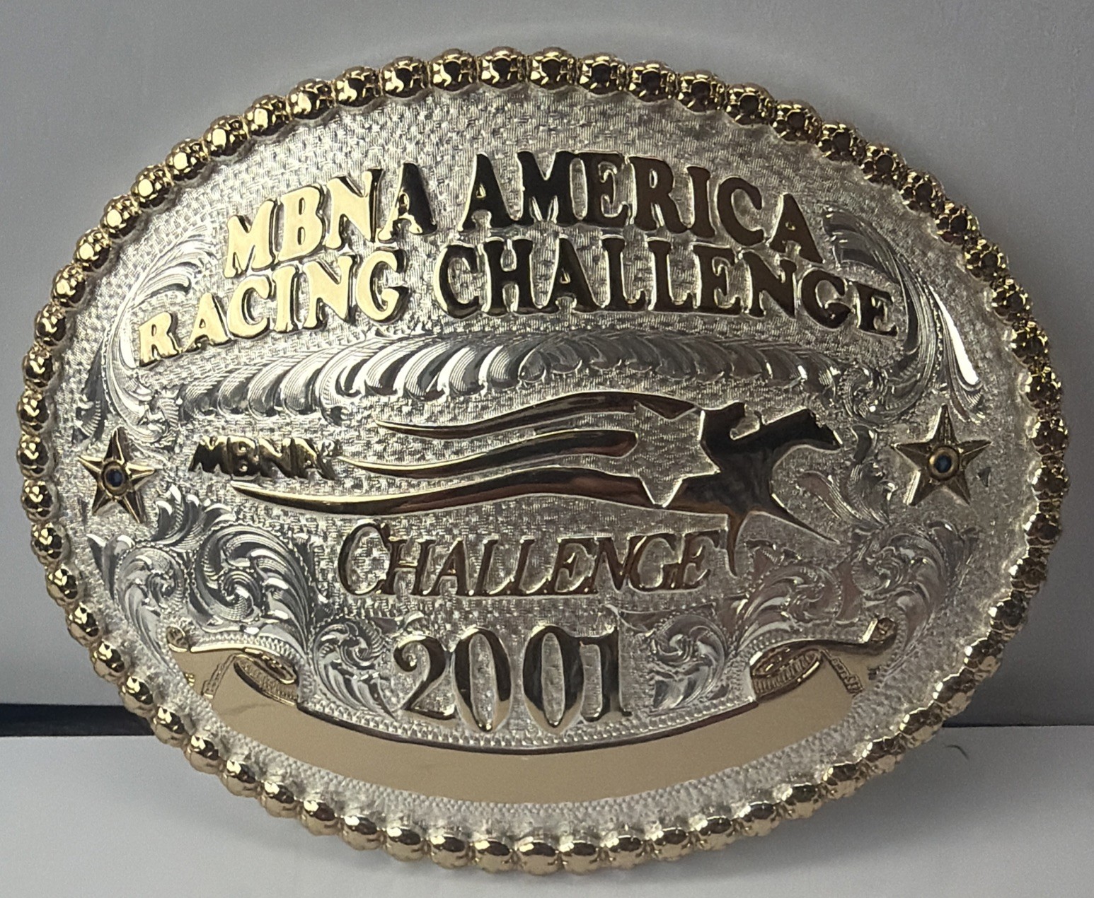 Montana Silversmiths 2001 MBNA America Racing Challenge Belt Buckle: (2A2) Montana Silversmiths 2001 MBNA America Racing Challenge Belt Buckle: (2A2)