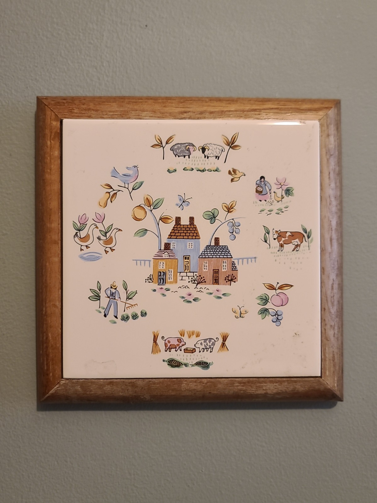 Vintage Heartland International Farm House Scene Wood Framed Ceramic Tile Trivet Vintage Heartland International Farm House Scene Wood Framed Ceramic Tile Trivet