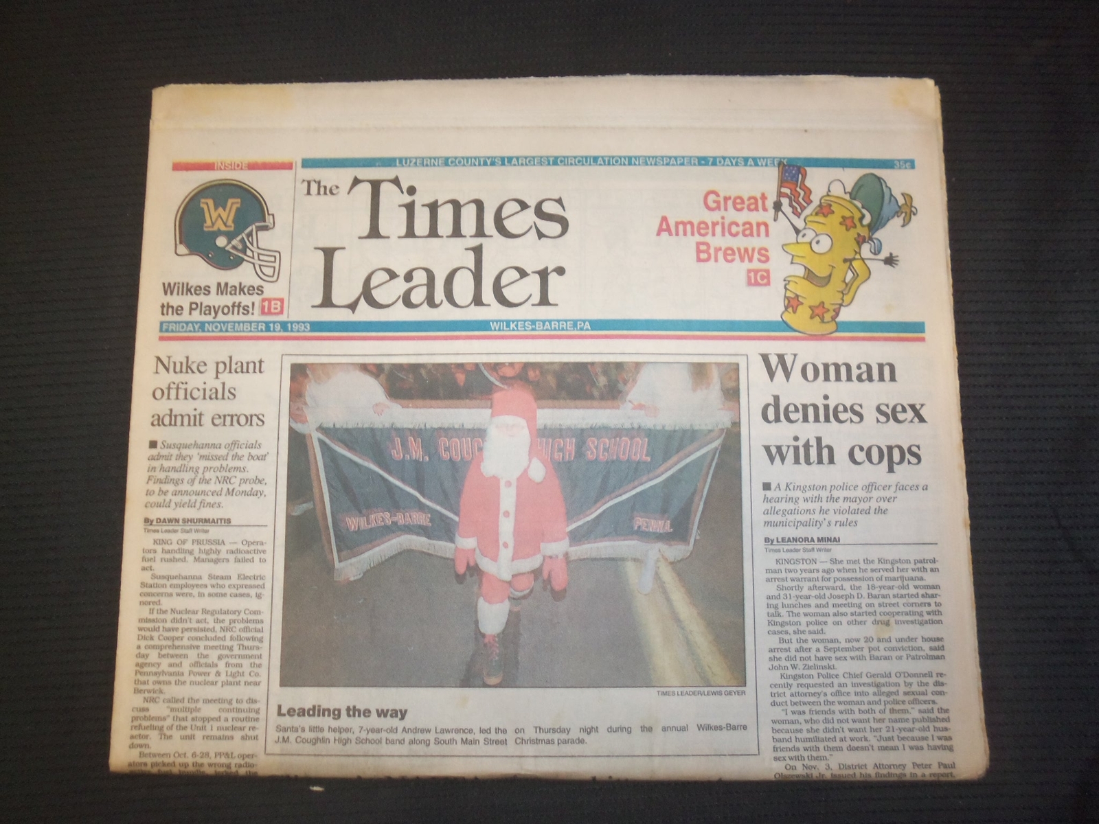 1993 NOVEMBER 19 WILKES-BARRE TIMES LEADER- WOMAN DENIES SEX WITH COPS - NP 7561