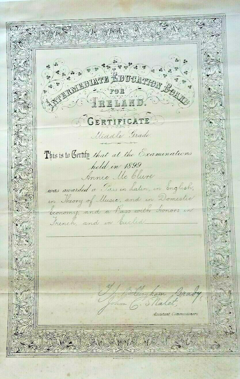 IRELAND 1899 EXAM CERTIFICATE INTERMEDIATE EDUCATION FOR LATIN ENGLISH FRENCH IRELAND 1899 EXAM CERTIFICATE INTERMEDIATE EDUCATION FOR LATIN ENGLISH FRENCH