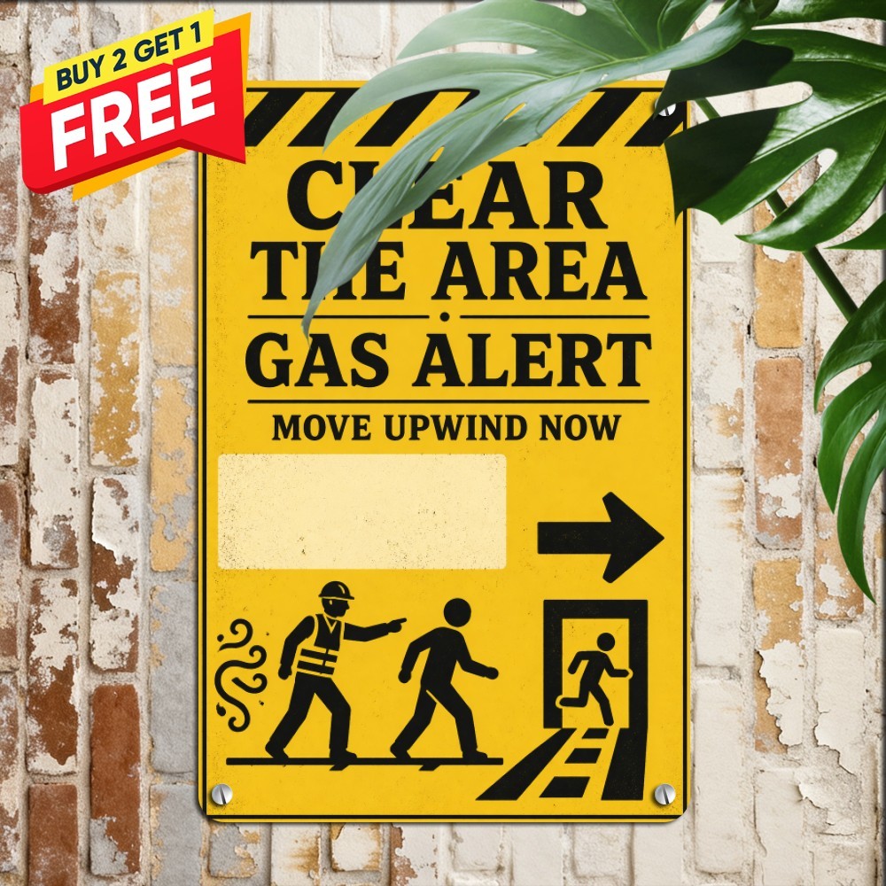 Gas Leak Evacuation Hazard Tin Sign Bold Yellow Black Safety Metal Plaque 8x12
