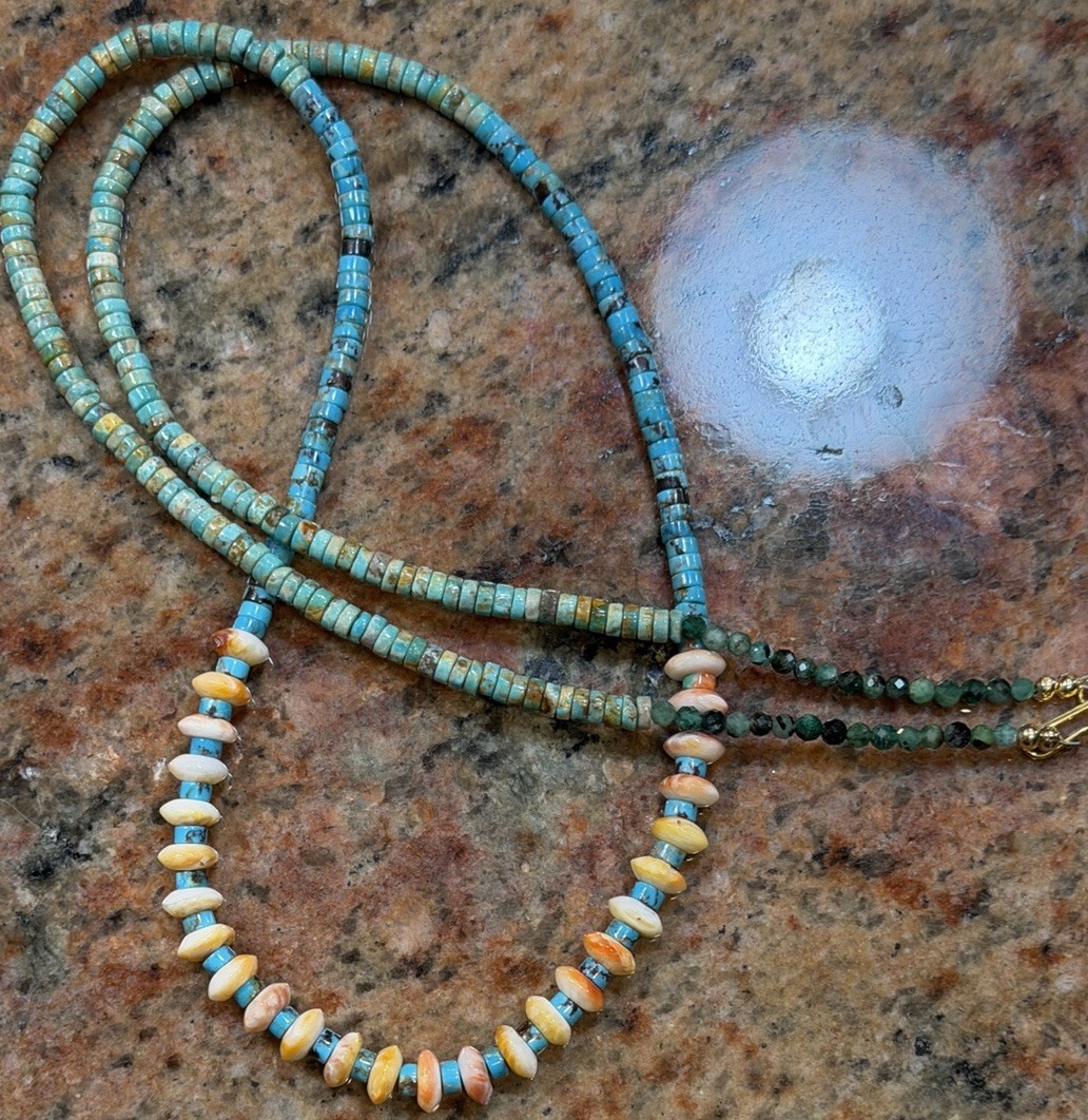 Native American Turquoise Heishi Necklace, Spiny Oyster, Faceted Emeralds