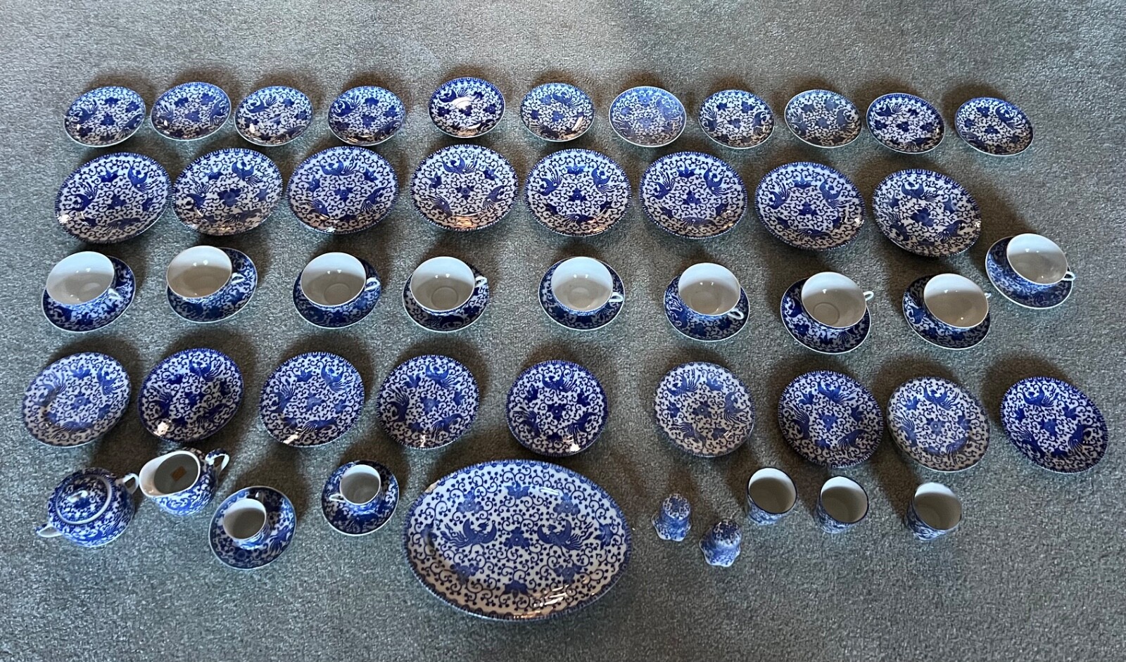 59 Piece Blue & White Phoenix Japanese Porcelain aka Flying Turkey 59 Piece Blue & White Phoenix Japanese Porcelain aka Flying Turkey
