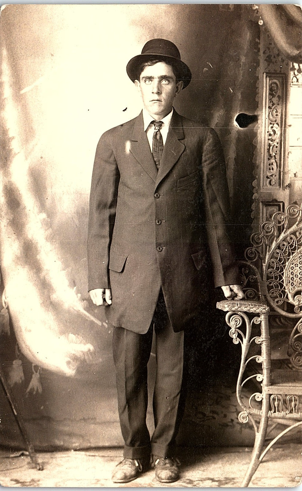 Vintage RPPC Young Man Formal Suit Hat Studio Portrait Photo Postcard
