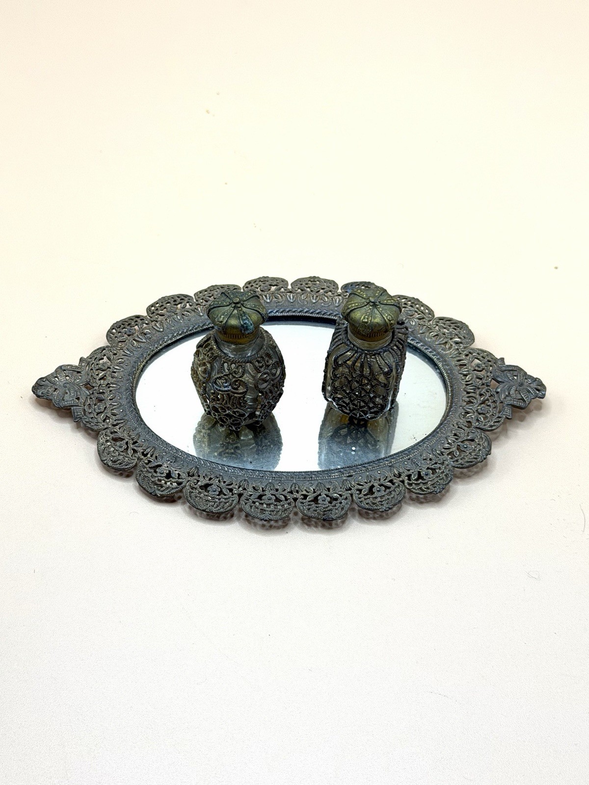 Vintage Ormolu Filigree Perfume Bottles with Mirrored Tray 1930’s Era