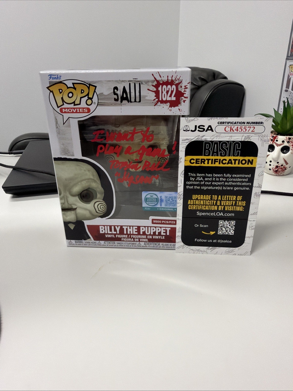 BILLY THE PUPPET FUNKO POP #1822 SIGNED BY TOBIN BELL WITH JSA COA IN PROTECTOR