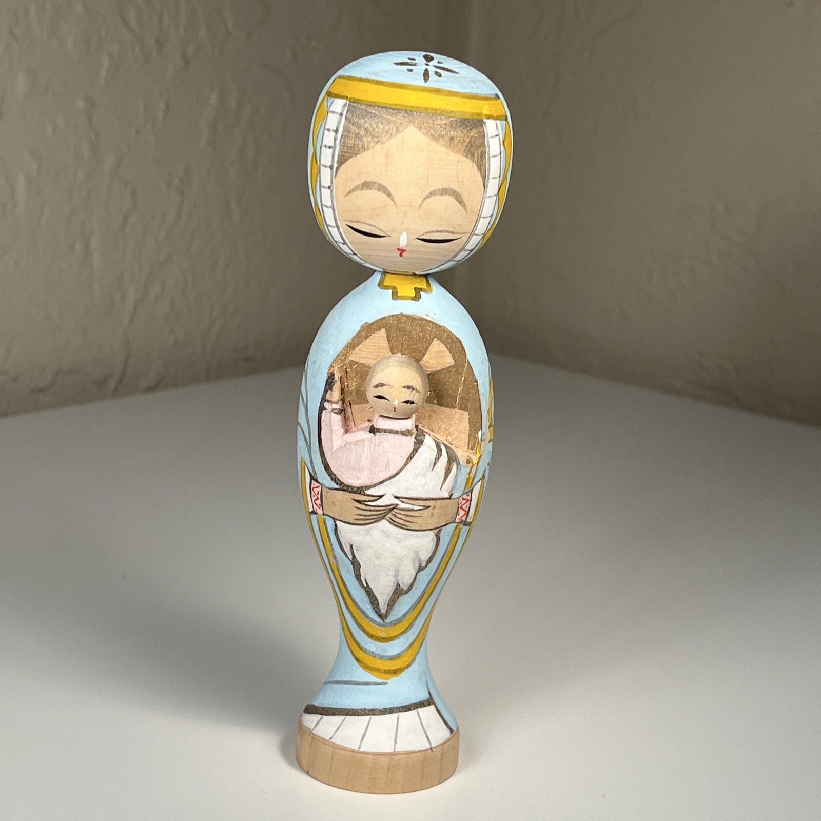 Vintage Wooden Hand Carved & Painted Mary & Baby Joseph Figurine in Box JAPAN 7\