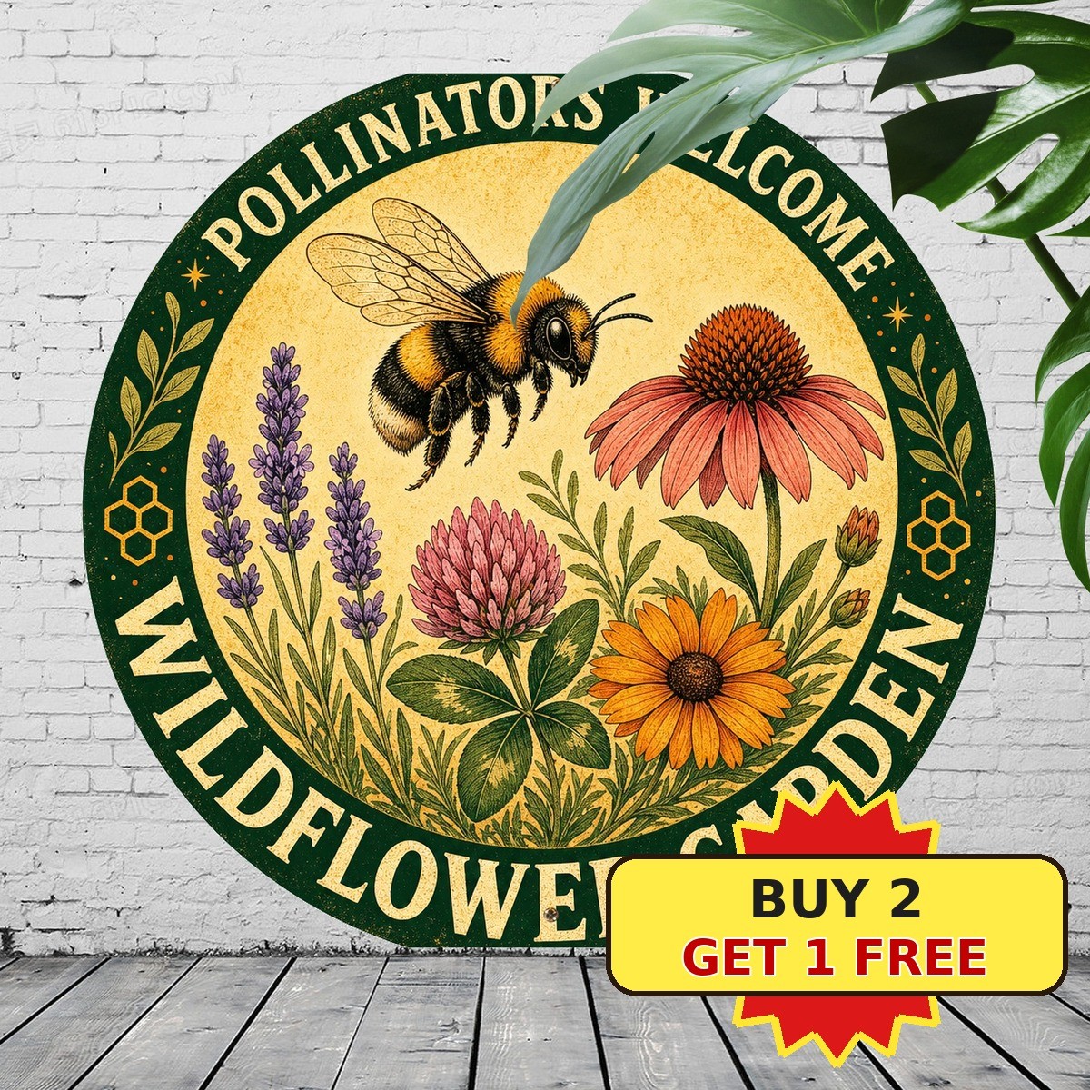 Vibrant Bee and Flower Retro Style Aluminum Round Metal Tin Sign 8x8
