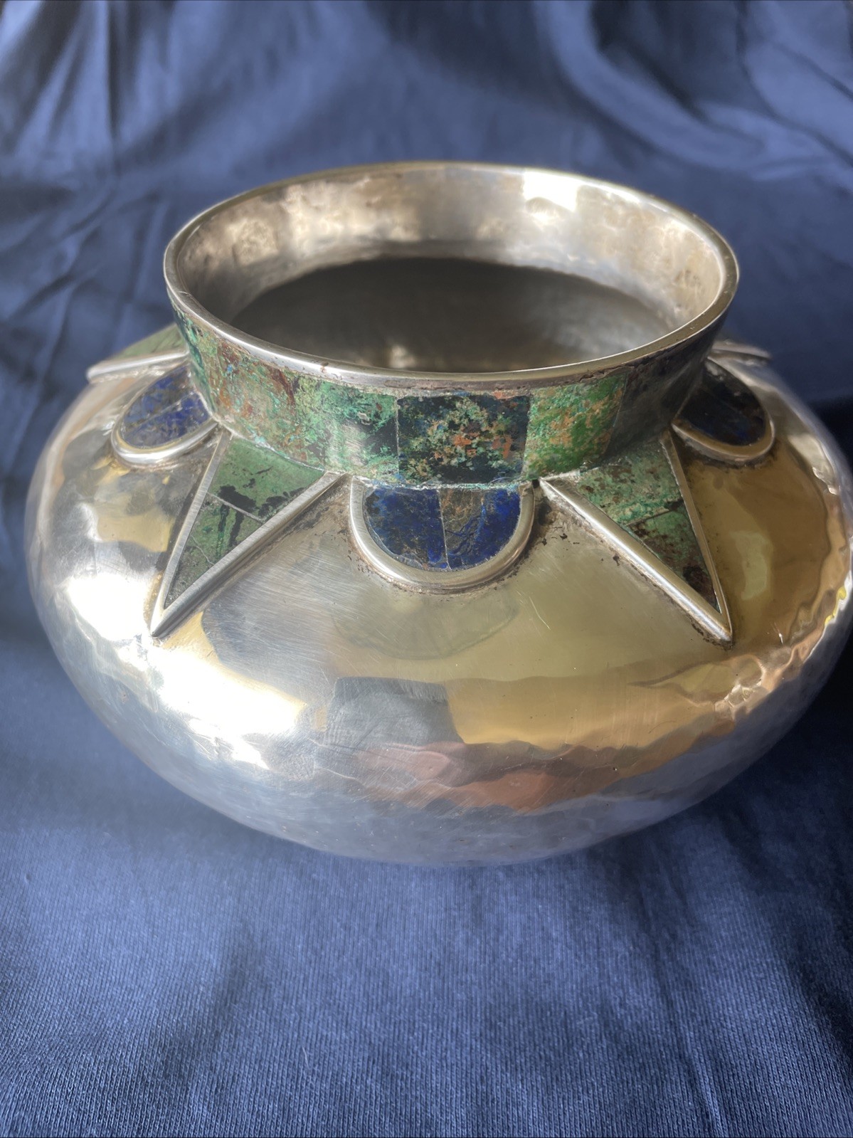 Vintage Los Castillo Taxco Malachite Lapis Inlay Silver Plate Bowl Vase TA-01 Vintage Los Castillo Taxco Malachite Lapis Inlay Silver Plate Bowl Vase TA-01