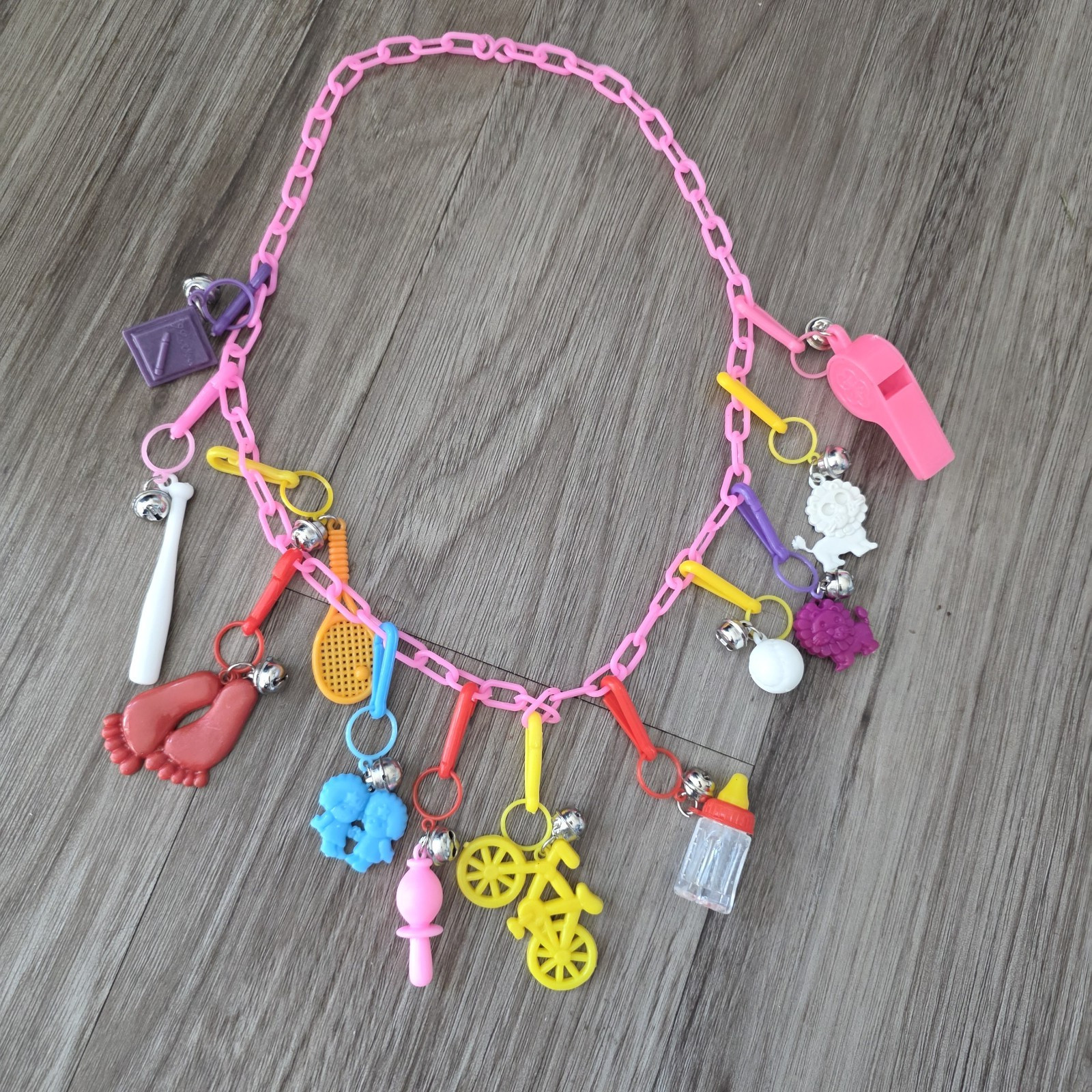 Vtg 80s Plastic Charm Bell Chain Pink Necklace 12 Charms