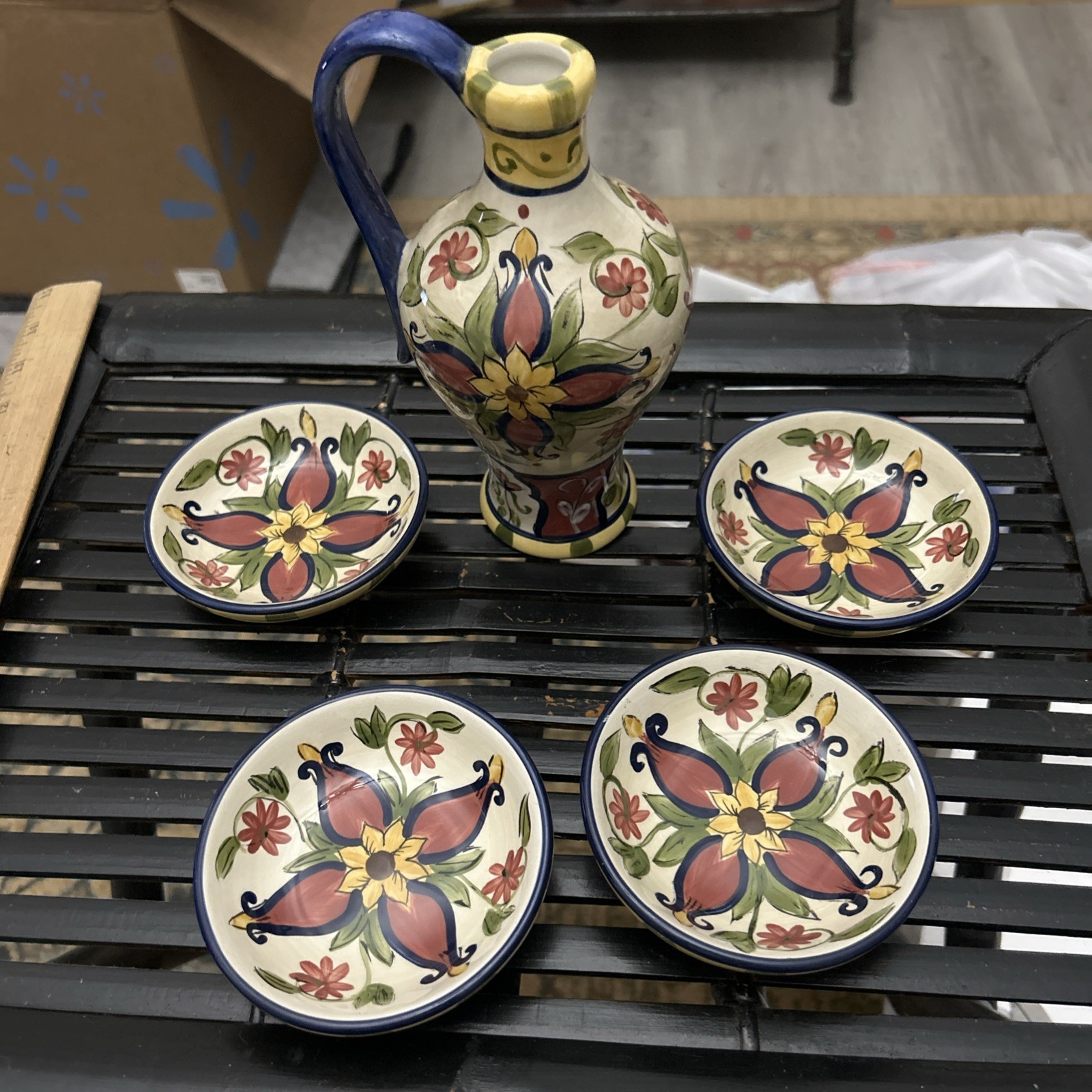 Vintage Pier 1 Vallarta Oil Cruet 4 Dipping Bowls Retired Hand Painted 5 piece Vintage Pier 1 Vallarta Oil Cruet 4 Dipping Bowls Retired Hand Painted 5 piece