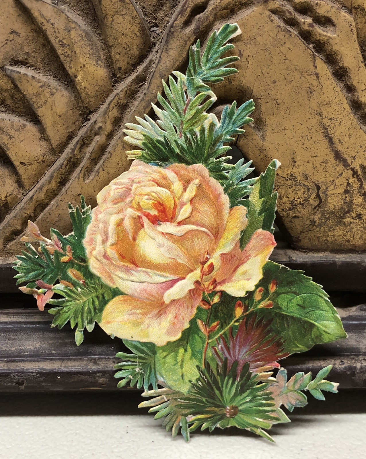 Victorian Die Cut Scrap of Floral Arrangement w/ a Rose - L1 Victorian Die Cut Scrap of Floral Arrangement w/ a Rose - L1