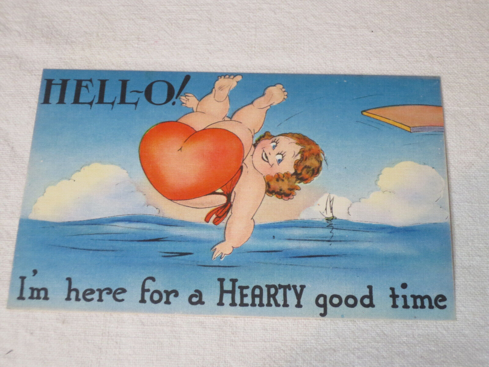 Vint LINEN Postcard Risque\' HELLO I\'m here for a Hearty Good Time Beach Beauty