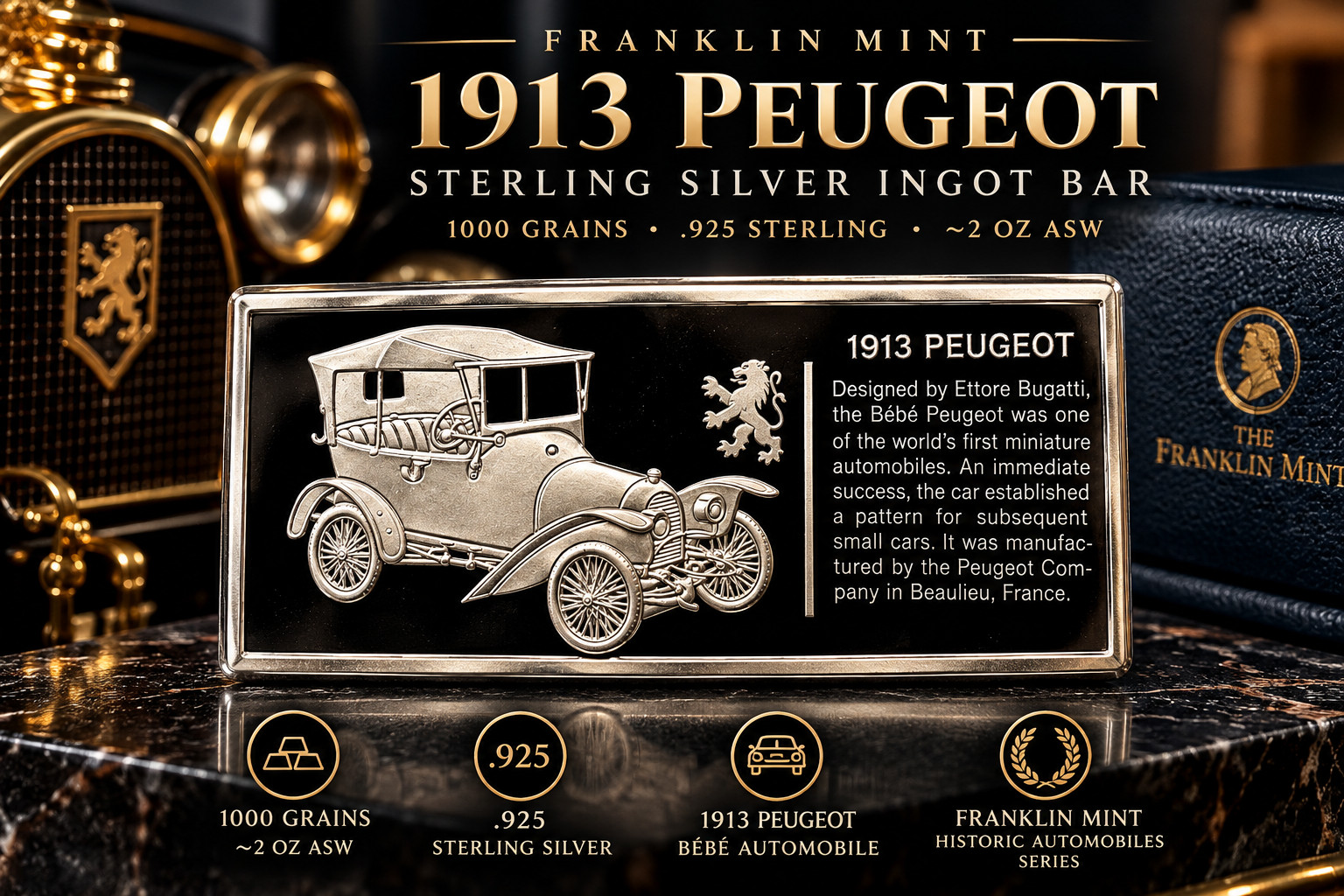 1913 Peugeot Franklin Mint Sterling Silver Ingot Bar 1000 Grains .925 ~2oz ASW 1913 Peugeot Franklin Mint Sterling Silver Ingot Bar 1000 Grains .925 ~2oz ASW
