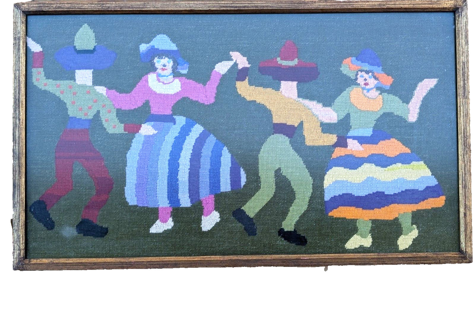 Excellent Framed Vintage Folk Dance Colorful Needlepoint Mid Century Handmade Excellent Framed Vintage Folk Dance Colorful Needlepoint Mid Century Handmade