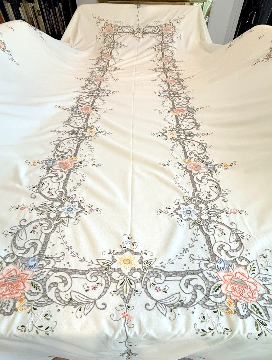 Vintage HAND Embroidered Tablecloth LARGE Banquet Multi Color  130