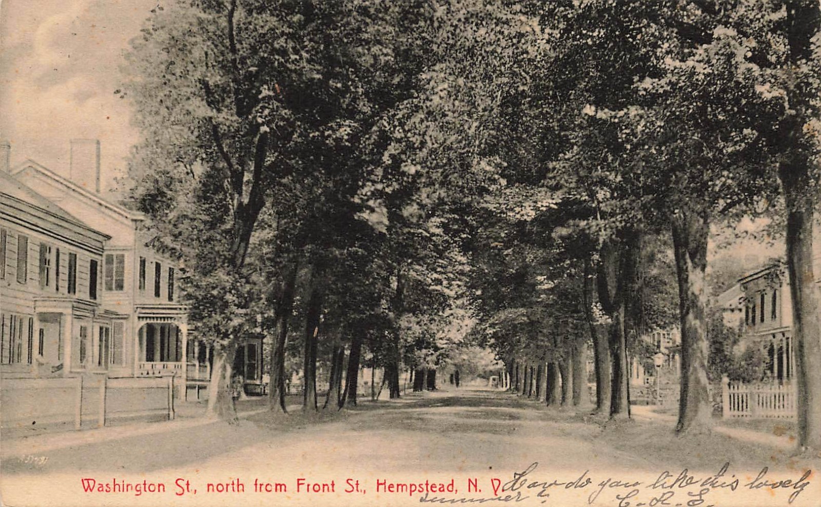 1906 NEW YORK PHOTO POSTCARD: VIEW OF WASHINGTON ST, FROM FRONT ST. HEMPSTEAD NY