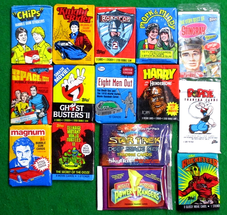 VINTAGE WAX/FOIL CARD PACKS 15 DIFF.-CHIPS-GHOST BUSTERS-POWER RANGERS-TMNT+++++