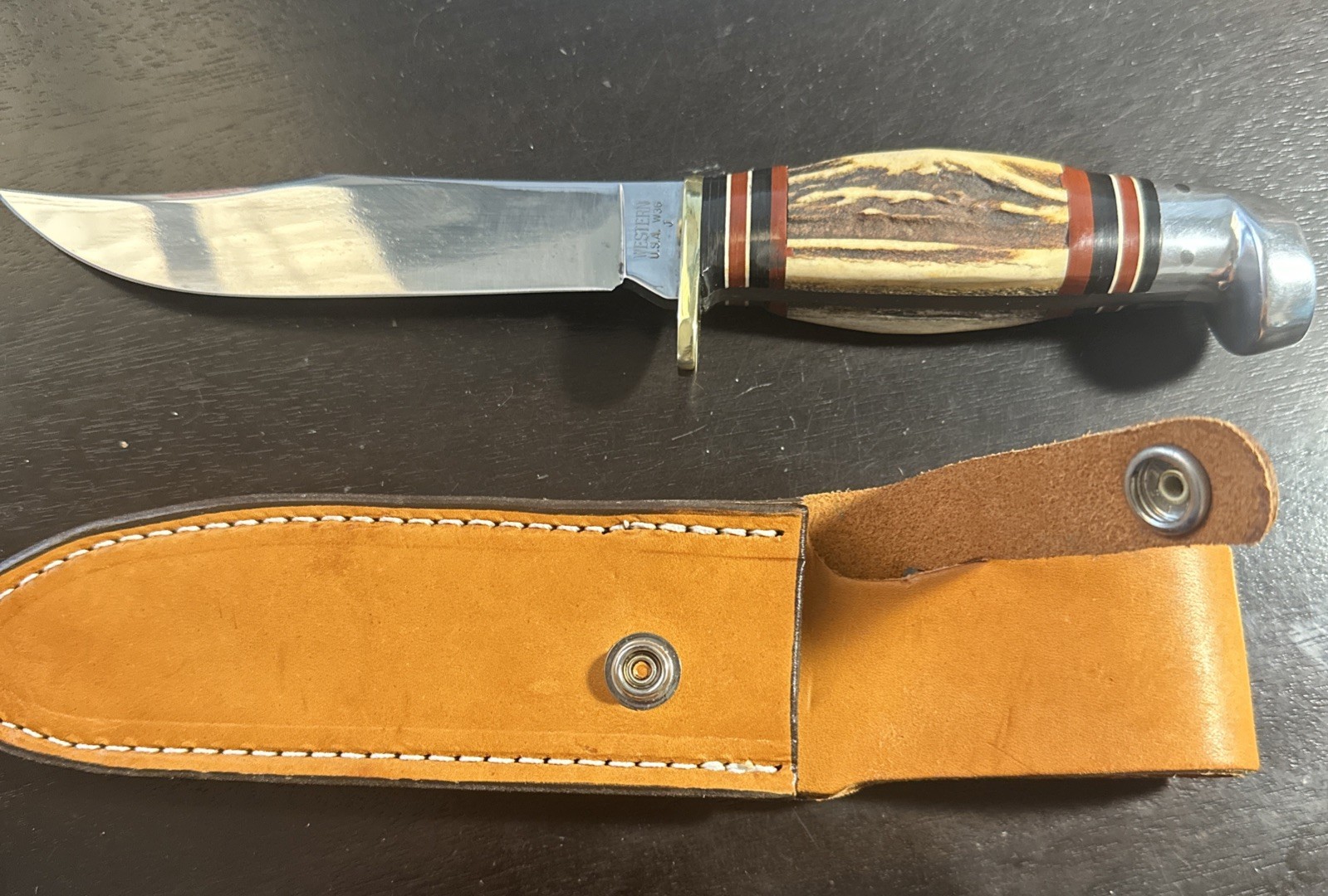 Rare Western W36 J Stamped With Stag Handle W/ Sheath Beautiful  See Descri