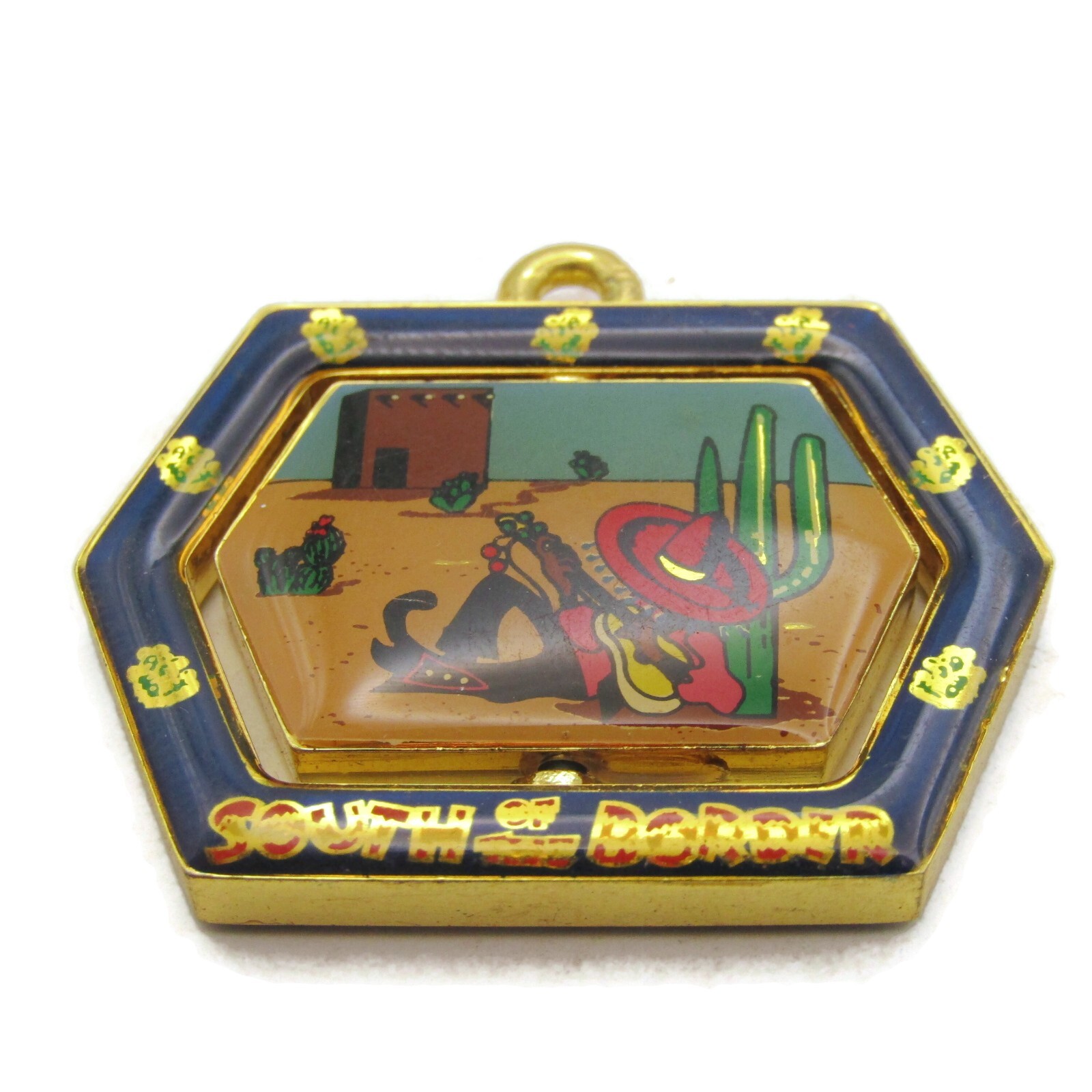 Vintage South of the Border Keychain Enamel Gold Tone Hexagon Siesta Souvenir