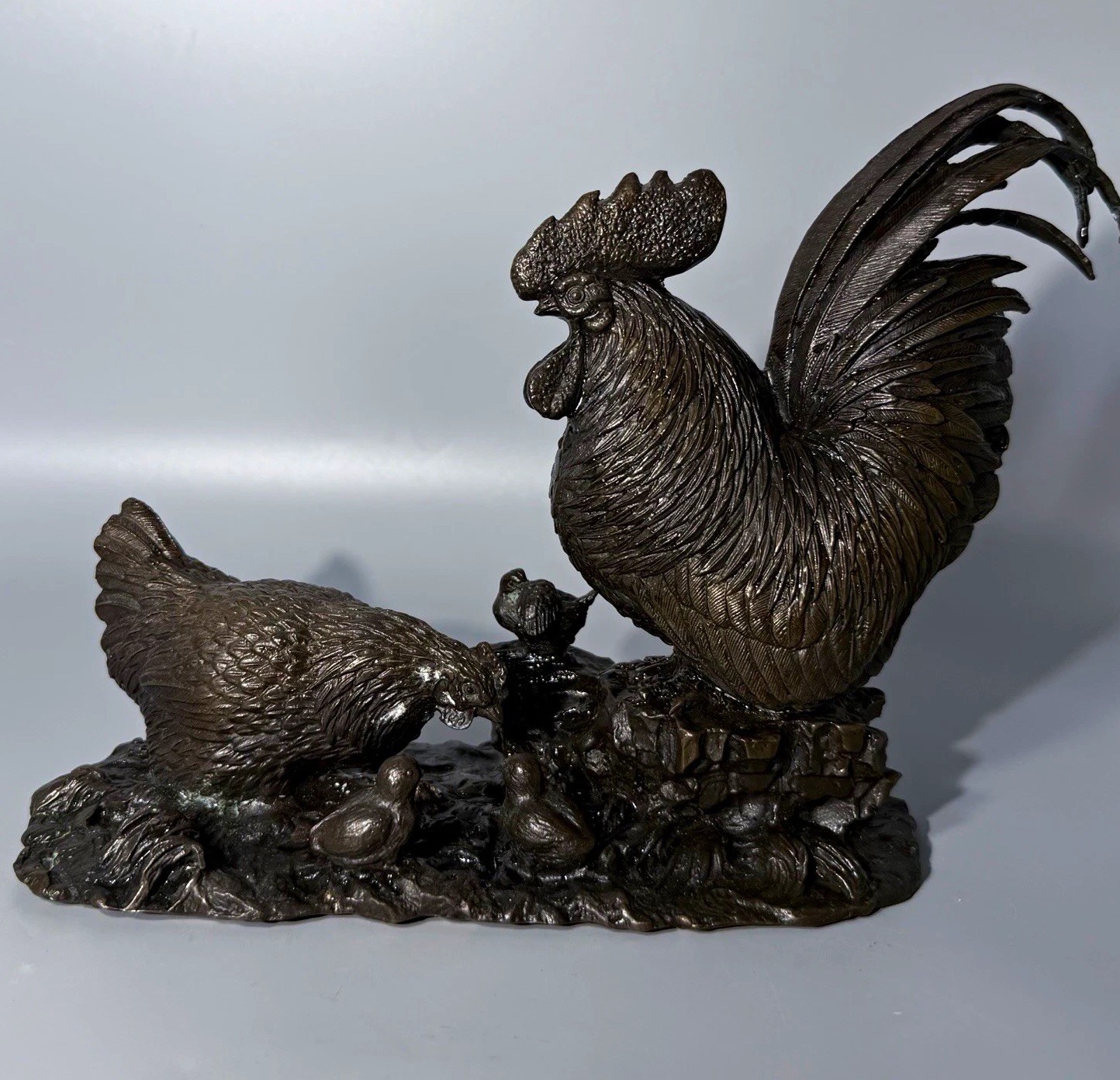 Heavy Vintage Bronze Chicken Family Sculpture Rooster Hen & Chicks Figurine 7/9 